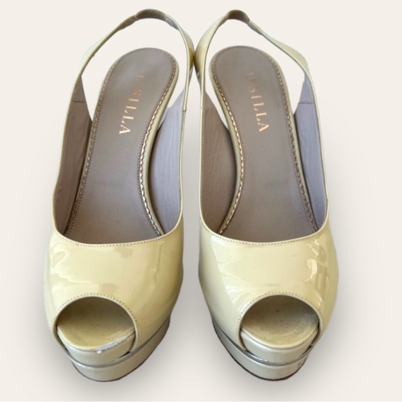 Le Silla Uma Eva Beige US 7 Nude Patent Leather Peep Toe Sling Back Heels 37.5 - Picture 1 of 6